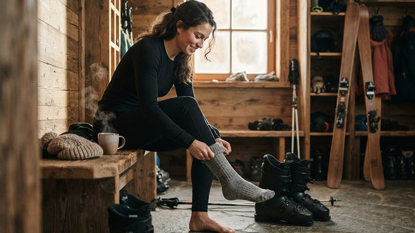 Skifahrerin in schwarzer erster Schicht und Leggings aus Merinowolle zieht im Skiraum eines Chalets ihre Skisocken an