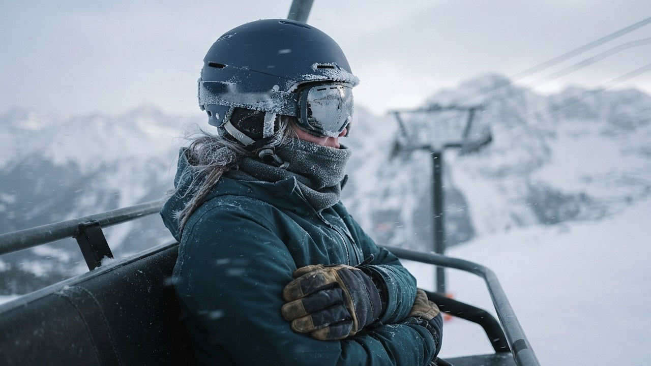 Skifahrerin bei großer Kälte im Sessellift, Helm und Skibrille mit Raureif bedeckt, Arme verschränkt, um sich zu wärmen