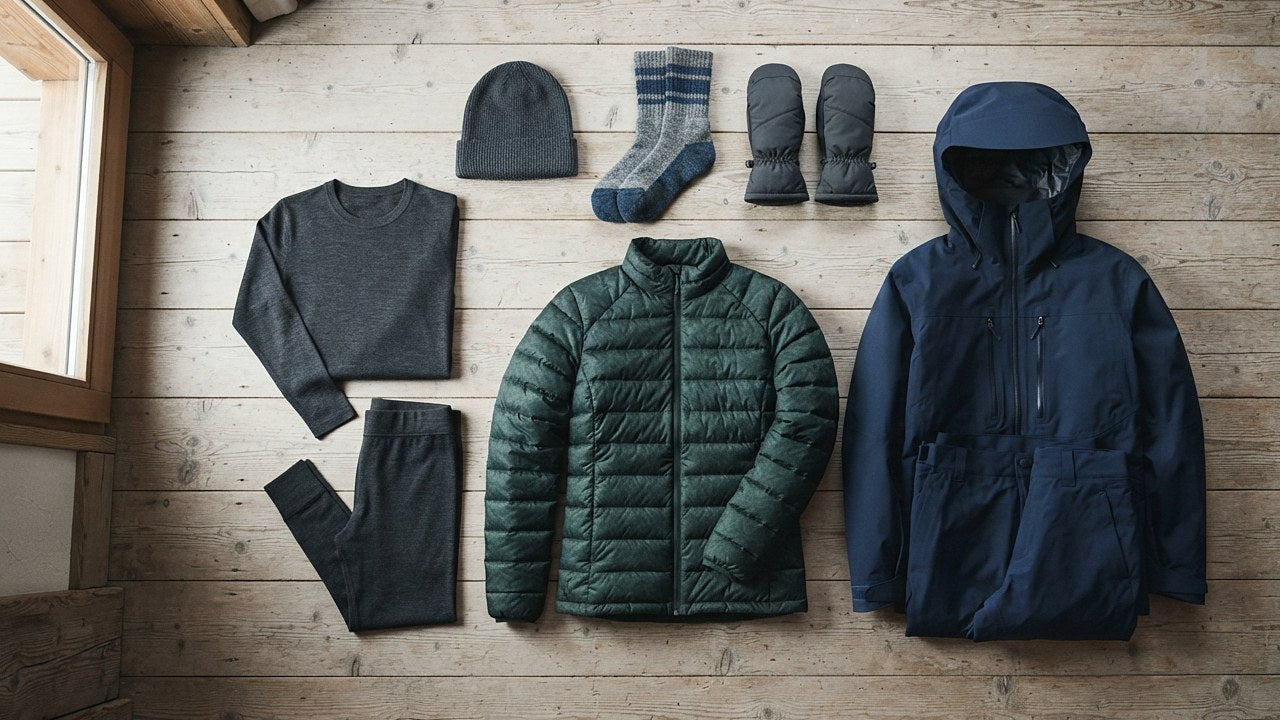 Komplette Skibekleidung in drei Schichten auf einem Holzboden im Chalet ausgelegt: erste Schicht aus Merinowolle, Daunenjacke als Mittelschicht und wasserdichte Skijacke