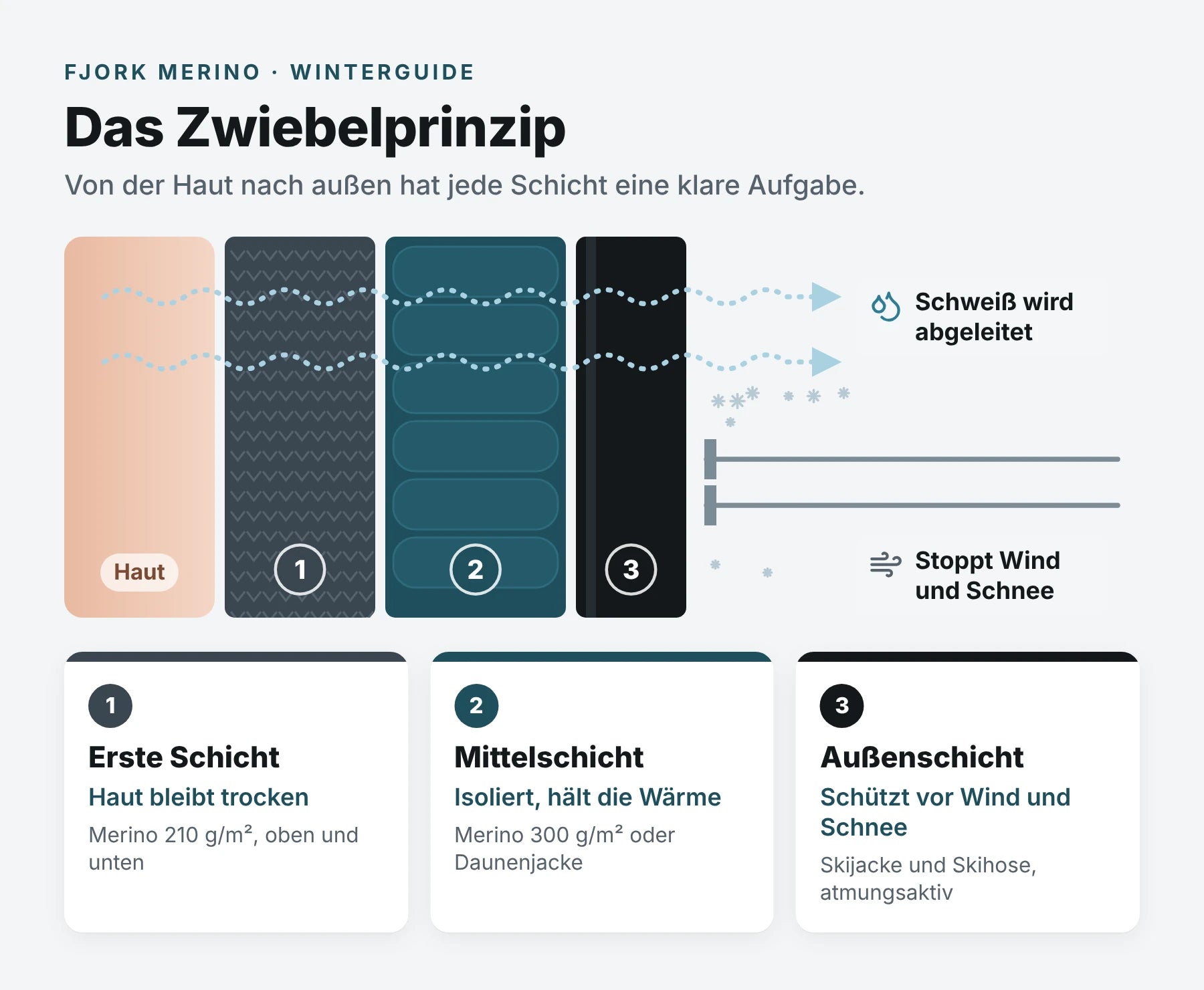 Infografik zum Zwiebelprinzip mit drei Schichten: erste Schicht aus Merino hält die Haut trocken, Mittelschicht isoliert, Außenschicht schützt vor Wind und Schnee